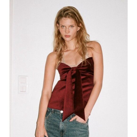 Zara Womens Top Size XS Red Velvet With Bow Strapless Blouse 9346/150 NWT - Picture 1 of 16